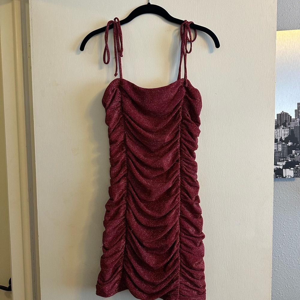 Metallic Deep Red Ruched Dress